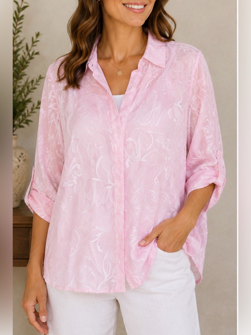 Soft Pink Tonal Floral Button Up Blouse Relaxed Cottagecore Romantic Top L